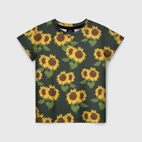 Детская футболка 3D с принтом Подсолнухи в Новосибирске, 100% гипоаллергенный полиэфир | прямой крой, круглый вырез горловины, длина до линии бедер, чуть спущенное плечо, ткань немного тянется | лето | паттерн | подсолнухи | семечки | солнце | цветок солнце | цветы