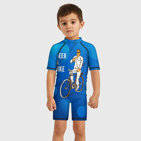 Детский купальный костюм 3D с принтом Велосипед и пиво в Новосибирске, Полиэстер 85%, Спандекс 15% | застежка на молнии на спине | Тематика изображения на принте: без рук | вело | велосипед | велосипедист | колеса | руль | спорт