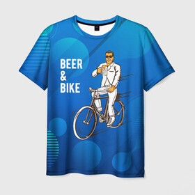Мужская футболка 3D с принтом Велосипед и пиво в Новосибирске, 100% полиэфир | прямой крой, круглый вырез горловины, длина до линии бедер | без рук | вело | велосипед | велосипедист | колеса | руль | спорт