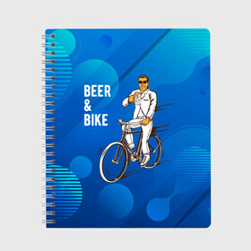 Тетрадь с принтом Велосипед и пиво в Новосибирске, 100% бумага | 48 листов, плотность листов — 60 г/м2, плотность картонной обложки — 250 г/м2. Листы скреплены сбоку удобной пружинной спиралью. Уголки страниц и обложки скругленные. Цвет линий — светло-серый
 | Тематика изображения на принте: без рук | вело | велосипед | велосипедист | колеса | руль | спорт
