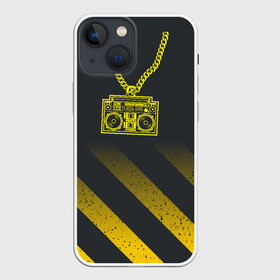Чехол для iPhone 13 mini с принтом Золотой магнитофон на цепи в Новосибирске,  |  | бумбокс | золотая цепь | золото | магнитофон | музыка | цепь