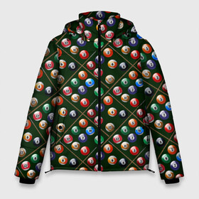 Мужская зимняя куртка 3D с принтом Бильярд в Новосибирске, верх — 100% полиэстер; подкладка — 100% полиэстер; утеплитель — 100% полиэстер | длина ниже бедра, свободный силуэт Оверсайз. Есть воротник-стойка, отстегивающийся капюшон и ветрозащитная планка. 

Боковые карманы с листочкой на кнопках и внутренний карман на молнии. | Тематика изображения на принте: a game | balls | billiards | eight | pool | russian billiards | snooker | tournament | бильярд | восьмерка | игра | пул | русский бильярд | снукер | турнир | шары