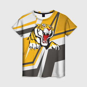 Женская футболка 3D с принтом Тигр в Новосибирске, 100% полиэфир ( синтетическое хлопкоподобное полотно) | прямой крой, круглый вырез горловины, длина до линии бедер | дыра | дырка | крупная кошка | разрывает | тигр | тигрица