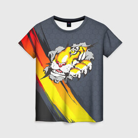 Женская футболка 3D с принтом Тигр разрывает изнутри в Новосибирске, 100% полиэфир ( синтетическое хлопкоподобное полотно) | прямой крой, круглый вырез горловины, длина до линии бедер | дыра | дырка | крупная кошка | разрывает | тигр | тигрица