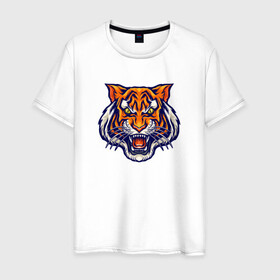 Мужская футболка хлопок с принтом Голова тигра в Новосибирске, 100% хлопок | прямой крой, круглый вырез горловины, длина до линии бедер, слегка спущенное плечо. | tiger | голова | животное | клыки | кот | кошка | тигр | черный