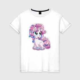 Женская футболка хлопок с принтом Маленький розовый единорог в Новосибирске, 100% хлопок | прямой крой, круглый вырез горловины, длина до линии бедер, слегка спущенное плечо | horse | kawaii | unikorn | единорог | единорожка | конь | лошадь | пони | радуга | рог | цветной