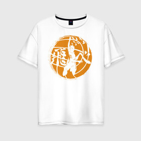 Женская футболка хлопок Oversize с принтом Лозунг Карасуно на волейбольном мяче в Новосибирске, 100% хлопок | свободный крой, круглый ворот, спущенный рукав, длина до линии бедер
 | anime | haikyu | haikyuu | karasuno | karasuno high | manga | аниме | волейбол | волейбольный клуб | вороны | иероглиф | карасуно | лого | манга | мяч | на японском | надпись | старшая школа | хаику | хаикую | японские