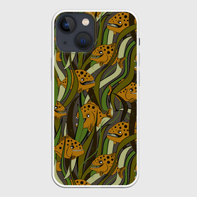 Чехол для iPhone 13 mini с принтом Пираньи камуфляж в Новосибирске,  |  | камуфляж | монстры | охра | пираньи | под водой | рыбы | хаки