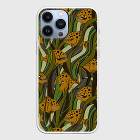 Чехол для iPhone 13 Pro Max с принтом Пираньи камуфляж в Новосибирске,  |  | камуфляж | монстры | охра | пираньи | под водой | рыбы | хаки