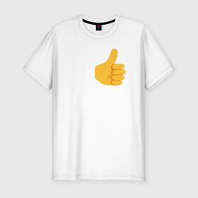 Мужская футболка хлопок Slim с принтом Палец вверх в Новосибирске, 92% хлопок, 8% лайкра | приталенный силуэт, круглый вырез ворота, длина до линии бедра, короткий рукав | белая футболка | желтый | желтый палец вверх. | палец