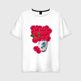 Женская футболка хлопок Oversize с принтом ваза с красными пионами в Новосибирске, 100% хлопок | свободный крой, круглый ворот, спущенный рукав, длина до линии бедер
 | ваза | иллюстрации | картинки | пионы | популярные | тренды | фарфор | цветы