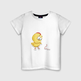 Детская футболка хлопок с принтом Цыпа в Новосибирске, 100% хлопок | круглый вырез горловины, полуприлегающий силуэт, длина до линии бедер | детский | детям | желтый | лето | малыш | прикол | розовый | цыпленок | червяк | юмор