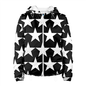 Женская куртка 3D с принтом Белые звёзды на чёрном фоне 2 в Новосибирске, ткань верха — 100% полиэстер, подклад — флис | прямой крой, подол и капюшон оформлены резинкой с фиксаторами, два кармана без застежек по бокам, один большой потайной карман на груди. Карман на груди застегивается на липучку | бело чёрные звёзды | белые звёзды | белые звёзды на чёрном фоне | звёзды