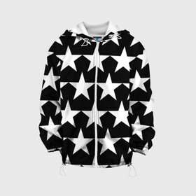 Детская куртка 3D с принтом Белые звёзды на чёрном фоне 2 в Новосибирске, 100% полиэстер | застежка — молния, подол и капюшон оформлены резинкой с фиксаторами, по бокам — два кармана без застежек, один потайной карман на груди, плотность верхнего слоя — 90 г/м2; плотность флисового подклада — 260 г/м2 | Тематика изображения на принте: бело чёрные звёзды | белые звёзды | белые звёзды на чёрном фоне | звёзды