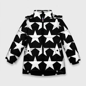 Зимняя куртка для девочек 3D с принтом Белые звёзды на чёрном фоне 2 в Новосибирске, ткань верха — 100% полиэстер; подклад — 100% полиэстер, утеплитель — 100% полиэстер. | длина ниже бедра, удлиненная спинка, воротник стойка и отстегивающийся капюшон. Есть боковые карманы с листочкой на кнопках, утяжки по низу изделия и внутренний карман на молнии. 

Предусмотрены светоотражающий принт на спинке, радужный светоотражающий элемент на пуллере молнии и на резинке для утяжки. | бело чёрные звёзды | белые звёзды | белые звёзды на чёрном фоне | звёзды