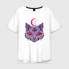 Мужская футболка хлопок Oversize с принтом Devil Cat в Новосибирске, 100% хлопок | свободный крой, круглый ворот, “спинка” длиннее передней части | animal | cat | cute | kitty | meow | демон | друг | дьявол | животные | киска | кися | китти | кот | котенок | котик | котэ | кошечка | кошка | мур | мяу | питомец