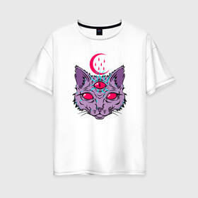 Женская футболка хлопок Oversize с принтом Devil Cat в Новосибирске, 100% хлопок | свободный крой, круглый ворот, спущенный рукав, длина до линии бедер
 | animal | cat | cute | kitty | meow | демон | друг | дьявол | животные | киска | кися | китти | кот | котенок | котик | котэ | кошечка | кошка | мур | мяу | питомец