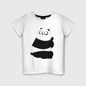 Детская футболка хлопок с принтом Возмущенная панда в Новосибирске, 100% хлопок | круглый вырез горловины, полуприлегающий силуэт, длина до линии бедер | белый медведь | возмущение | животное | зависимость | медведь | панда | телефон