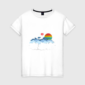 Женская футболка хлопок с принтом Pop it Simple Dimple в Новосибирске, 100% хлопок | прямой крой, круглый вырез горловины, длина до линии бедер, слегка спущенное плечо | pop it | simple dimple | восход | закат | лайк | небо | облака | попит | сердечко | симпл димпл