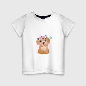 Детская футболка хлопок с принтом Пудель и цветы в Новосибирске, 100% хлопок | круглый вырез горловины, полуприлегающий силуэт, длина до линии бедер | cute | dog | poodle | woof | гав | забавный | пес | песель | песик | пудель | смешной | собака | собачка | щенок