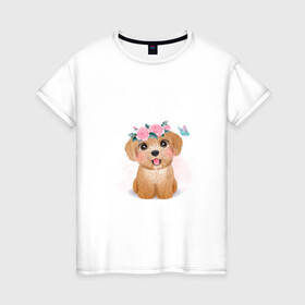 Женская футболка хлопок с принтом Пудель и цветы в Новосибирске, 100% хлопок | прямой крой, круглый вырез горловины, длина до линии бедер, слегка спущенное плечо | cute | dog | poodle | woof | гав | забавный | пес | песель | песик | пудель | смешной | собака | собачка | щенок