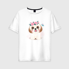 Женская футболка хлопок Oversize с принтом Ши-тцу собака в Новосибирске, 100% хлопок | свободный крой, круглый ворот, спущенный рукав, длина до линии бедер
 | cute | dog | shih tzu | woof | гав | забавный | пес | песель | песик | смешной | собака | собачка | ши тцу | щенок