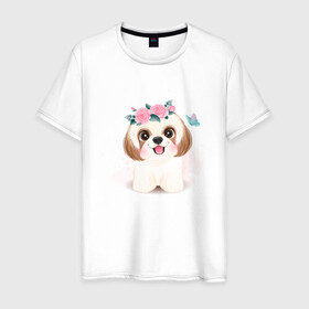 Мужская футболка хлопок с принтом Ши-тцу собака в Новосибирске, 100% хлопок | прямой крой, круглый вырез горловины, длина до линии бедер, слегка спущенное плечо. | cute | dog | shih tzu | woof | гав | забавный | пес | песель | песик | смешной | собака | собачка | ши тцу | щенок