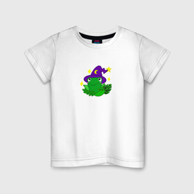 Детская футболка хлопок с принтом лягушка волшебница в Новосибирске, 100% хлопок | круглый вырез горловины, полуприлегающий силуэт, длина до линии бедер | ведьма | волшебница | жаба | ква ква | квак | колпак | лягушка | магия | шляпа | шляпка