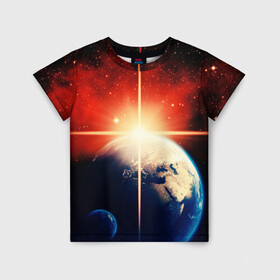 Детская футболка 3D с принтом Космос земля 3D в Новосибирске, 100% гипоаллергенный полиэфир | прямой крой, круглый вырез горловины, длина до линии бедер, чуть спущенное плечо, ткань немного тянется | вселенная | галактика | звёзды | земля | космос | лучи | рассвет | сияние | солнце