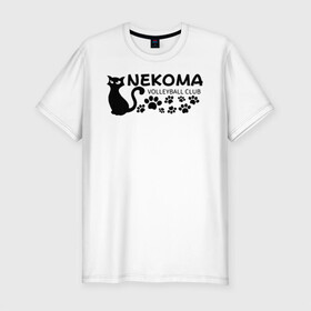 Мужская футболка хлопок Slim с принтом Волейбольный клуб Некома в Новосибирске, 92% хлопок, 8% лайкра | приталенный силуэт, круглый вырез ворота, длина до линии бедра, короткий рукав | anime | haikyu | haikyuu | manga | nekoma high | аниме | волейбол | волейбольный клуб | кот | коты | кошка | кошки | красная | красный | лого | логотип | манга | надпись | старшая некома | старшая школа | хаику | хаикую