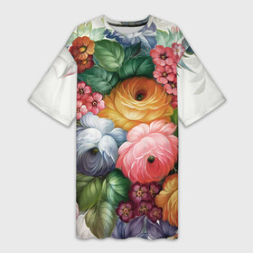 Платье-футболка 3D с принтом Розы на белом в Новосибирске,  |  | букет | декоративная роспись | живопись | жостово | жостовская роспись | розы | цветы