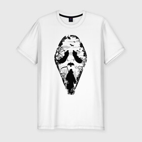 Мужская футболка хлопок Slim с принтом Крик в Новосибирске, 92% хлопок, 8% лайкра | приталенный силуэт, круглый вырез ворота, длина до линии бедра, короткий рукав | арт | графика | коса | лес | маска | ужасы | череп