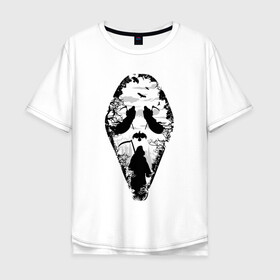 Мужская футболка хлопок Oversize с принтом Крик в Новосибирске, 100% хлопок | свободный крой, круглый ворот, “спинка” длиннее передней части | Тематика изображения на принте: арт | графика | коса | лес | маска | ужасы | череп