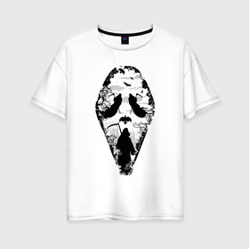 Женская футболка хлопок Oversize с принтом Крик в Новосибирске, 100% хлопок | свободный крой, круглый ворот, спущенный рукав, длина до линии бедер
 | арт | графика | коса | лес | маска | ужасы | череп