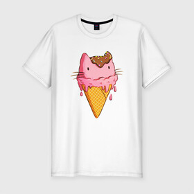 Мужская футболка хлопок Slim с принтом Cat Ice Cream в Новосибирске, 92% хлопок, 8% лайкра | приталенный силуэт, круглый вырез ворота, длина до линии бедра, короткий рукав | animal | cat | cute | ice cream | kitty | meow | друг | еда | животные | киска | кися | китти | кот | котенок | котик | котэ | кошечка | кошка | мороженое | мур | мяу | питомец