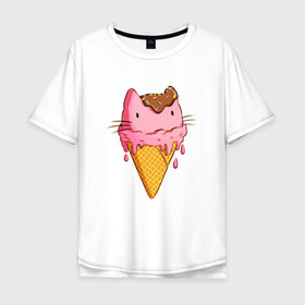 Мужская футболка хлопок Oversize с принтом Cat Ice Cream в Новосибирске, 100% хлопок | свободный крой, круглый ворот, “спинка” длиннее передней части | animal | cat | cute | ice cream | kitty | meow | друг | еда | животные | киска | кися | китти | кот | котенок | котик | котэ | кошечка | кошка | мороженое | мур | мяу | питомец