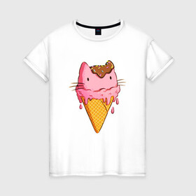 Женская футболка хлопок с принтом Cat Ice Cream в Новосибирске, 100% хлопок | прямой крой, круглый вырез горловины, длина до линии бедер, слегка спущенное плечо | animal | cat | cute | ice cream | kitty | meow | друг | еда | животные | киска | кися | китти | кот | котенок | котик | котэ | кошечка | кошка | мороженое | мур | мяу | питомец