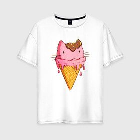 Женская футболка хлопок Oversize с принтом Cat Ice Cream в Новосибирске, 100% хлопок | свободный крой, круглый ворот, спущенный рукав, длина до линии бедер
 | animal | cat | cute | ice cream | kitty | meow | друг | еда | животные | киска | кися | китти | кот | котенок | котик | котэ | кошечка | кошка | мороженое | мур | мяу | питомец