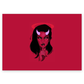 Поздравительная открытка с принтом Ангельский демон в Новосибирске, 100% бумага | плотность бумаги 280 г/м2, матовая, на обратной стороне линовка и место для марки
 | ангел | ангел и демон | арт | девушка | девушка ангел | девушка демон | демон | красный | нимб | рисунок | рога | суккуб | чёрт