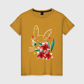 Женская футболка хлопок с принтом Летняя зайка на темное в Новосибирске, 100% хлопок | прямой крой, круглый вырез горловины, длина до линии бедер, слегка спущенное плечо | зайка. зайчик | зая | летний. | пушистики | цветочки