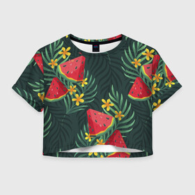 Женская футболка Crop-top 3D с принтом Арзуб и папоротник в Новосибирске, 100% полиэстер | круглая горловина, длина футболки до линии талии, рукава с отворотами | арбуз | арт | иллюстрация | папоротник | цветок | ягода