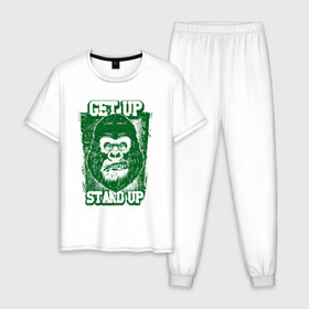 Мужская пижама хлопок с принтом Get Up - Stand Up в Новосибирске, 100% хлопок | брюки и футболка прямого кроя, без карманов, на брюках мягкая резинка на поясе и по низу штанин
 | bob marley | get up | get up stand up | gorilla | stand up | боб марли | вставай | горилла | обезьяна