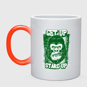 Кружка хамелеон с принтом Get Up - Stand Up в Новосибирске, керамика | меняет цвет при нагревании, емкость 330 мл | Тематика изображения на принте: bob marley | get up | get up stand up | gorilla | stand up | боб марли | вставай | горилла | обезьяна