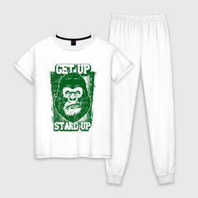 Женская пижама хлопок с принтом Get Up - Stand Up в Новосибирске, 100% хлопок | брюки и футболка прямого кроя, без карманов, на брюках мягкая резинка на поясе и по низу штанин | bob marley | get up | get up stand up | gorilla | stand up | боб марли | вставай | горилла | обезьяна