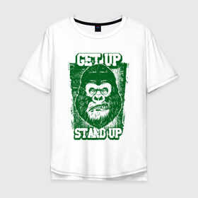 Мужская футболка хлопок Oversize с принтом Get Up - Stand Up в Новосибирске, 100% хлопок | свободный крой, круглый ворот, “спинка” длиннее передней части | Тематика изображения на принте: bob marley | get up | get up stand up | gorilla | stand up | боб марли | вставай | горилла | обезьяна