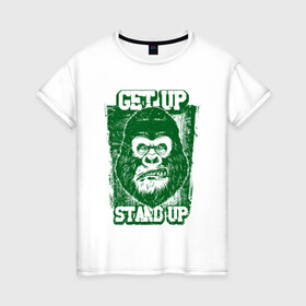 Женская футболка хлопок с принтом Get Up - Stand Up в Новосибирске, 100% хлопок | прямой крой, круглый вырез горловины, длина до линии бедер, слегка спущенное плечо | bob marley | get up | get up stand up | gorilla | stand up | боб марли | вставай | горилла | обезьяна