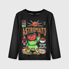 Детский лонгслив 3D с принтом Astromato в Новосибирске, 100% полиэстер | длинные рукава, круглый вырез горловины, полуприлегающий силуэт
 | Тематика изображения на принте: alive | astronaut | defender | food | galaxy | ketchup | monster | moon | pizza | planet | space | spaghetti | tomato | vegetable | астронавт | галактика | еда | живая | живой | защитник | кетчуп | космос | луна | монстр | овощ | пицца | планета | помидор