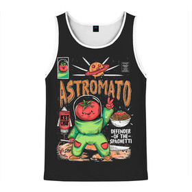 Мужская майка 3D с принтом Astromato в Новосибирске, 100% полиэстер | круглая горловина, приталенный силуэт, длина до линии бедра. Пройма и горловина окантованы тонкой бейкой | Тематика изображения на принте: alive | astronaut | defender | food | galaxy | ketchup | monster | moon | pizza | planet | space | spaghetti | tomato | vegetable | астронавт | галактика | еда | живая | живой | защитник | кетчуп | космос | луна | монстр | овощ | пицца | планета | помидор