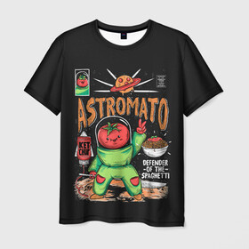 Мужская футболка 3D с принтом Astromato в Новосибирске, 100% полиэфир | прямой крой, круглый вырез горловины, длина до линии бедер | Тематика изображения на принте: alive | astronaut | defender | food | galaxy | ketchup | monster | moon | pizza | planet | space | spaghetti | tomato | vegetable | астронавт | галактика | еда | живая | живой | защитник | кетчуп | космос | луна | монстр | овощ | пицца | планета | помидор