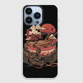 Чехол для iPhone 13 Pro с принтом Ramen Protector в Новосибирске,  |  | chinese | clouds | dawn | defender | dragon | fire breathing | japan | monster | protector | ramen | reptile | sticks | sunset | дракон | закат | защитник | китайский | монстр | облака | огнедышащий | палочки | рамен | рамэн | рассвет | япония